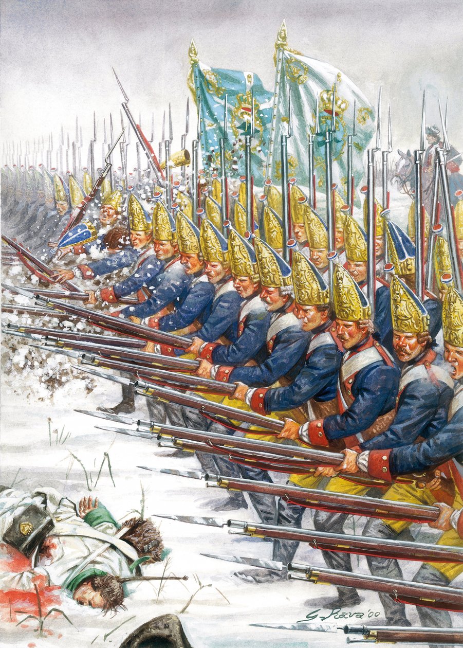Wojna siedmioletnia: grenadierzy armii pruskiej podczas bitwy pod Leuthen, 5 grudnia 1757 r. - Parada gwardii poczdamskiej pod Leuthen, 5 grudnia 1757 r. podczas wojny siedmioletniej - ilustracja autorstwa Giuseppe Ravy autorstwa Giuseppe Rava