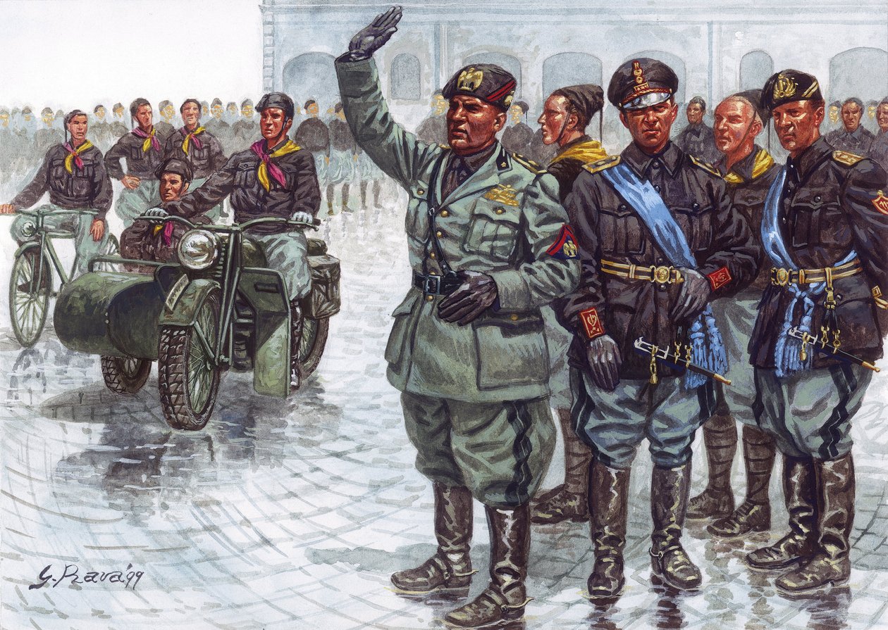 Duce Benito Mussolini (1883-1945), w towarzystwie Czarnych Koszul (Camicie nere), wykonujący faszystowskie pozdrowienie podczas parady wojskowej - Benito Mussolini i Czarne Koszule podczas parady wojskowej - Ilustracja Giuseppe Rava autorstwa Giuseppe Rava