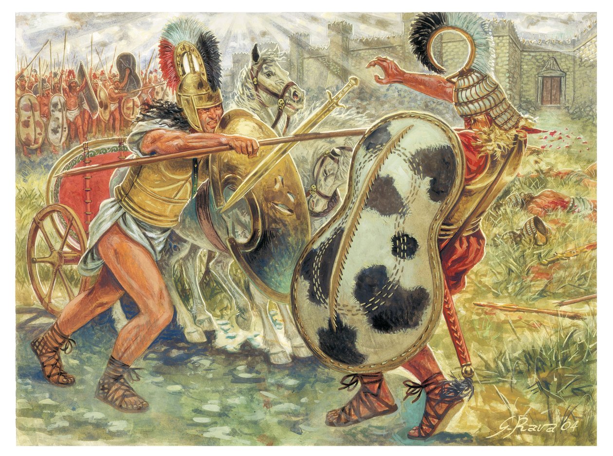 Wojna trojańska: Achilles walczy z Hektorem, by pomścić śmierć Patroklosa - Wojna trojańska: Achilles walczący z Hektorem, by pomścić śmierć Patroklosa - Ilustracja Giuseppe Rava autorstwa Giuseppe Rava
