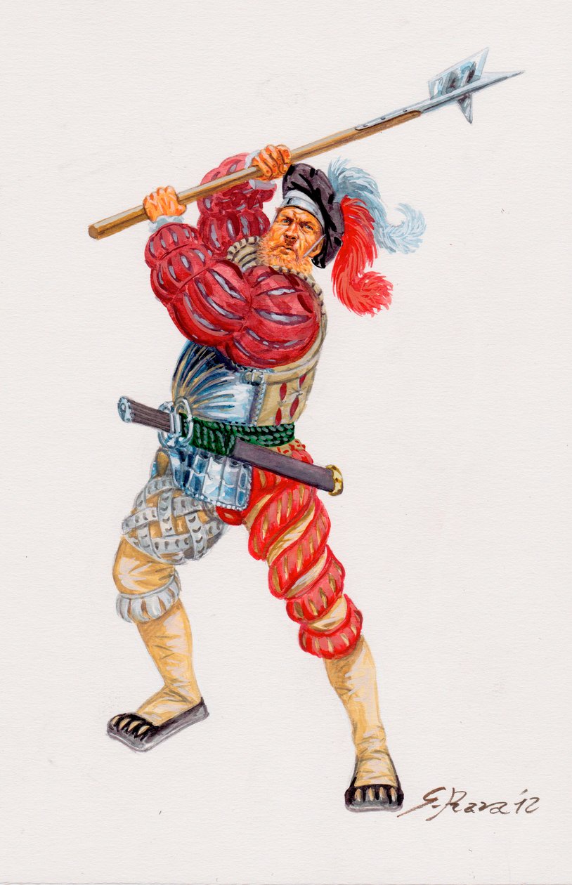 Un Lansquenet, niemieccy najemni pikinierzy - Landsknecht, niemieccy najemni pikinierzy - Ilustracja autorstwa Giuseppe Rava autorstwa Giuseppe Rava