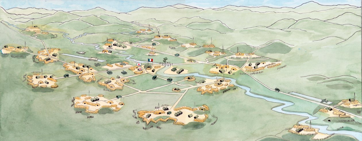Wojna w Indochinach: Plan bitwy pod Dien Bien Phu (Dien-Bien-Phu) przeciwstawiającej armię francuską armii wietnamskiej od listopada 1953 do maja 1954 - Pierwsza wojna w Indochinach: mapa bitwy pod Dien Bien Phu między Francuską Ekspedycją Dalekowschodnią  autorstwa Giuseppe Rava