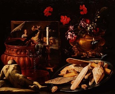 Martwa natura z kwiatami w pozłacanej urnie, obraz i ciasta na tacy (olej na płótnie) autorstwa Giuseppe Recco