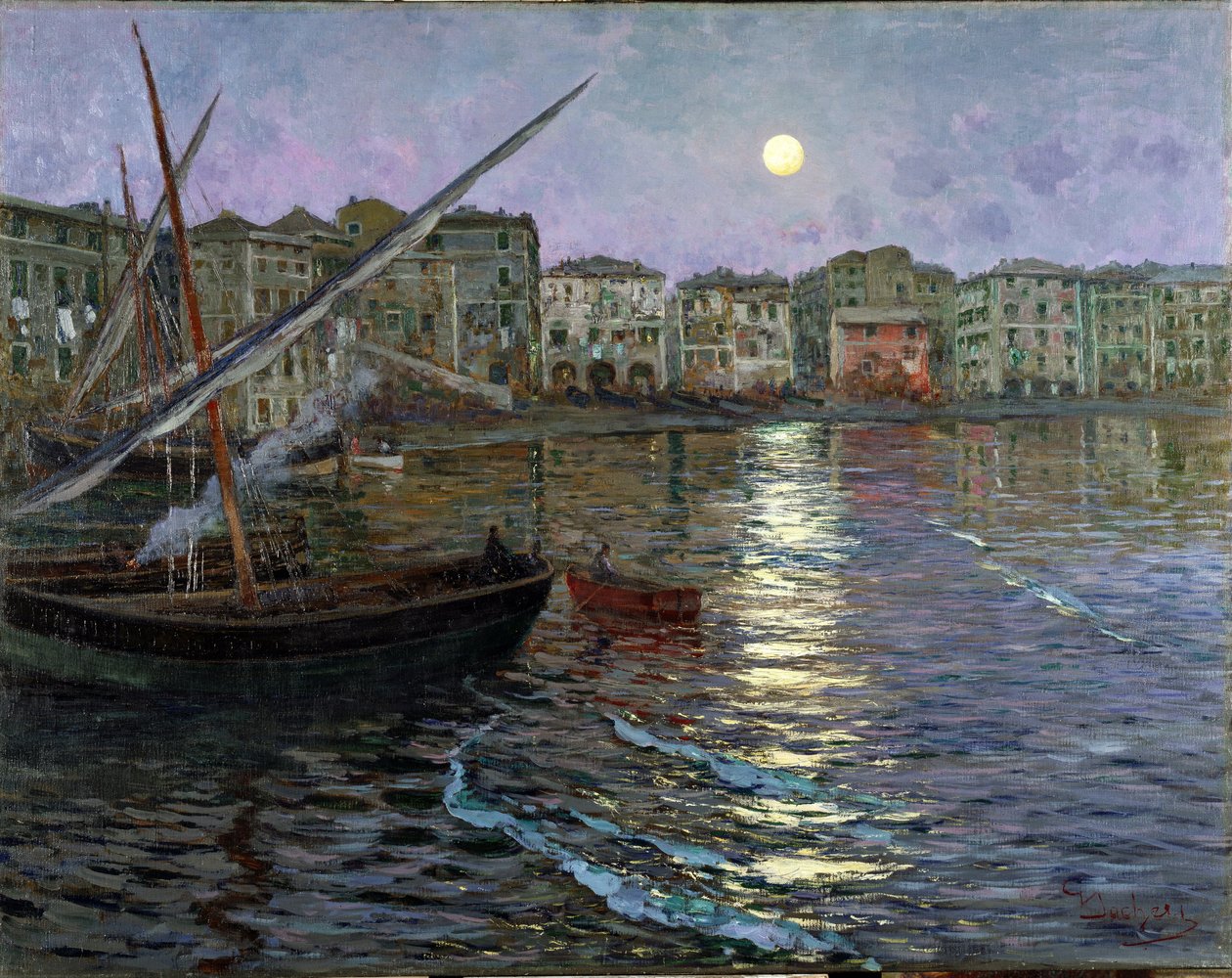 Port Poesia Lunare w świetle księżyca (Widok portu przy świetle księżyca) (olej na płótnie) autorstwa Giuseppe Sacheri