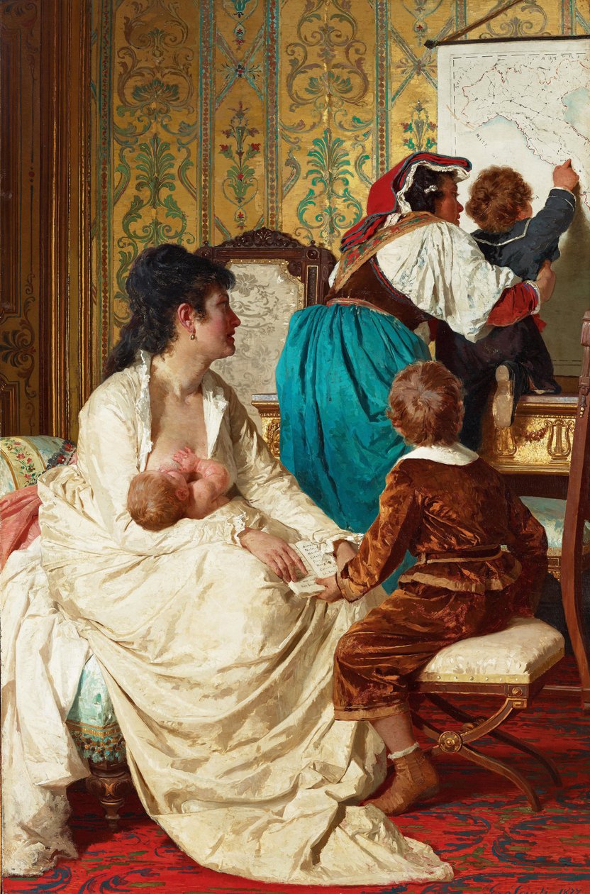 „Les joies de la bonne mere” (Radości Dobrej Matki) Matka karmiąca piersią swoje dziecko - Obraz Giuseppe Sciuti (1834-1911) 1877 Kolekcja prywatna autorstwa Giuseppe Sciuti