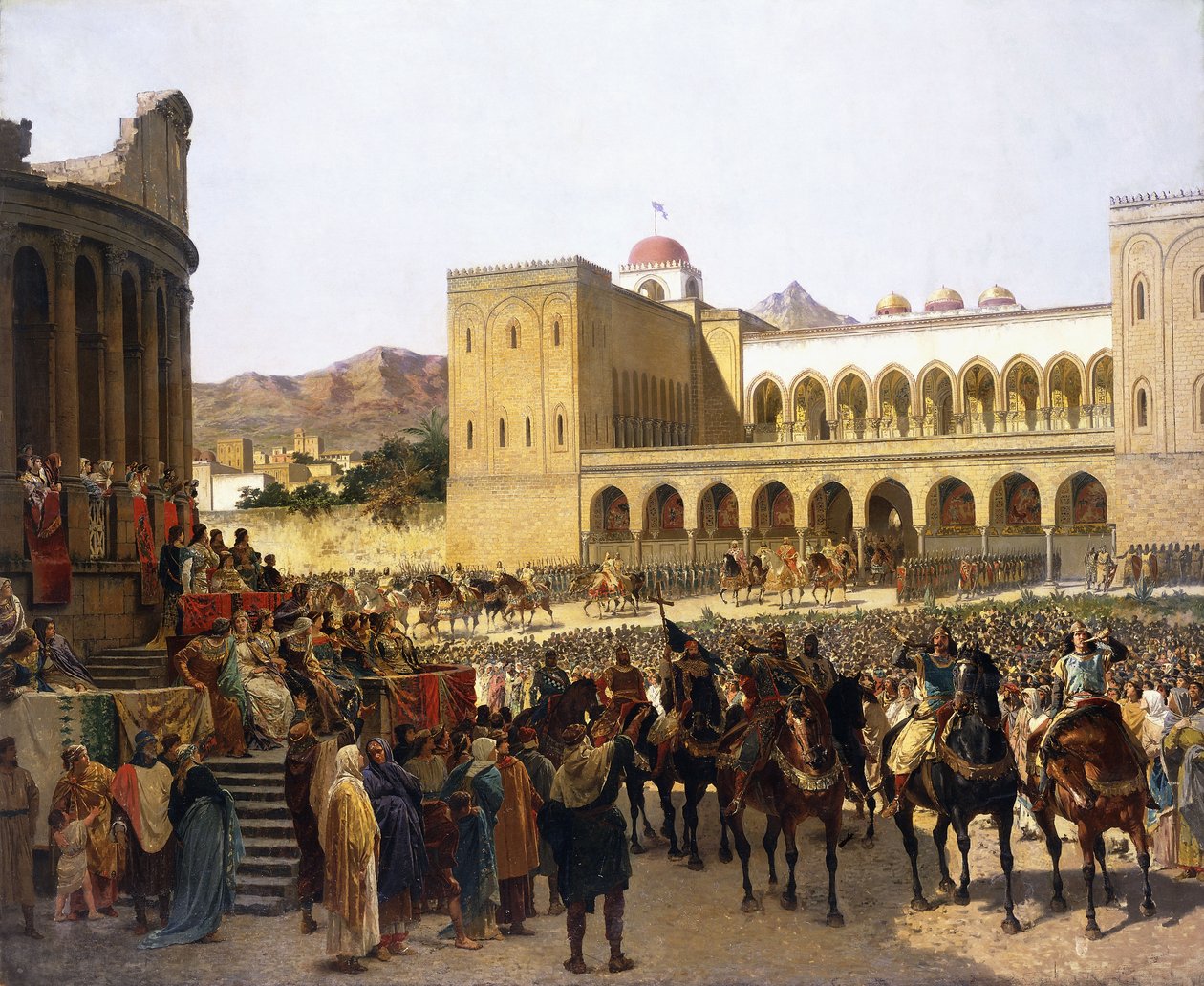 Wyjście Ruggero I, króla Sycylii, z Palazzo Reale, autorstwa Giuseppe Sciuti
