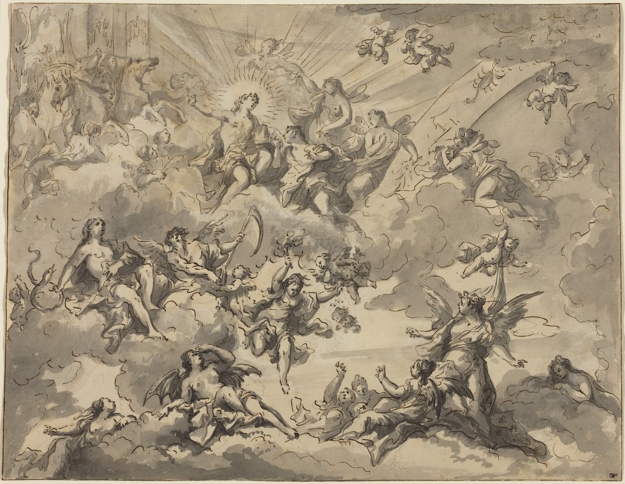 Apollo i Muzy (pióro i czarny tusz z szarym tuszem na graficie na kładzionym papierze) autorstwa Giuseppe Valeriani