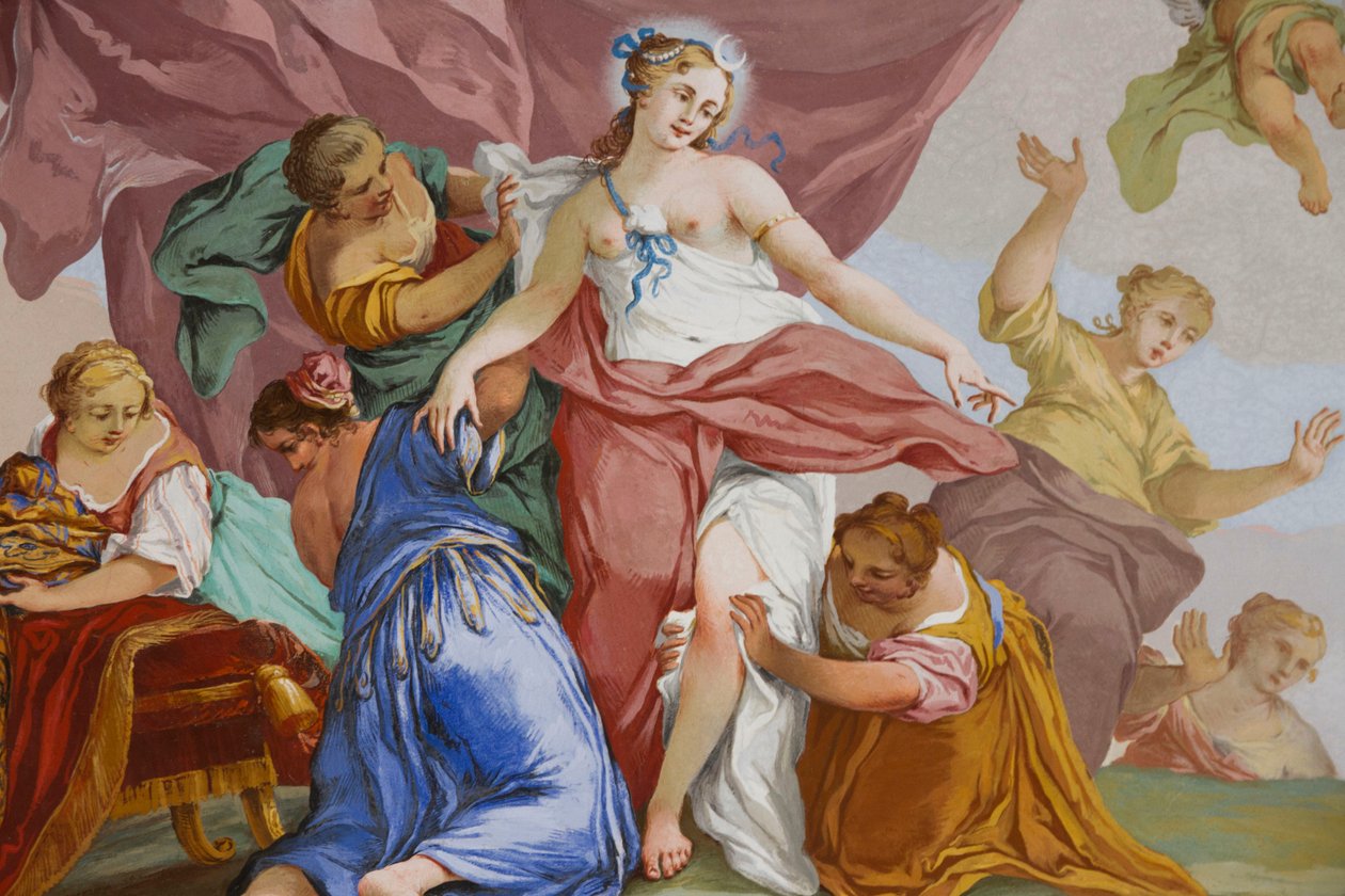 Reprezentacje mitu o Dianie, autorstwa Domenico i Giuseppe Valeriani, fresk, sklepiony sufit sypialni, apartament króla, rezydencja myśliwska, autorstwa Filippo Juvarra (1678-1736), Stupinigi, Piemont, Włochy autorstwa Giuseppe and Valeriani Domenico Valeriani