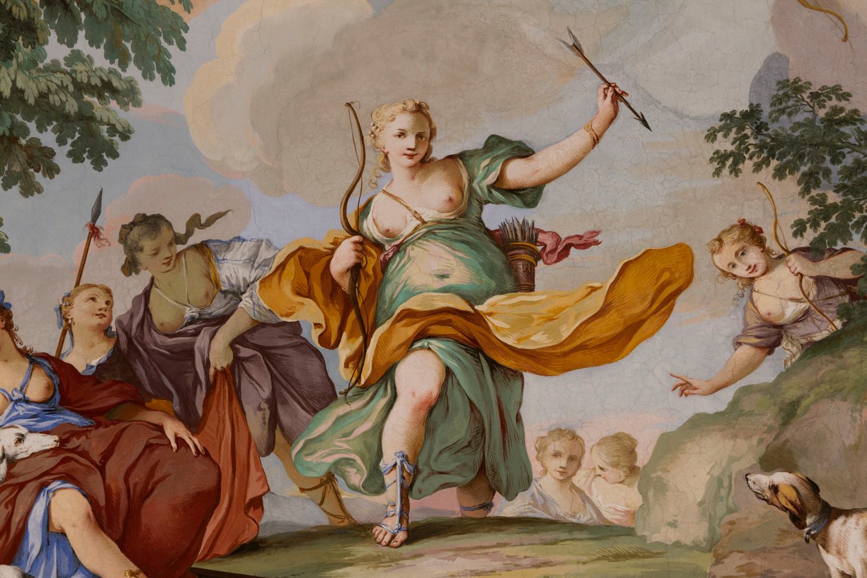 Reprezentacje mitu Diany autorstwa Domenico i Giuseppe Valeriani, fresk, sklepiony sufit sypialni, apartament króla, rezydencja myśliwska, autorstwa Filippo Juvarra (1678-1736), Stupinigi, Piemont, Włochy autorstwa Giuseppe and Valeriani Domenico Valeriani