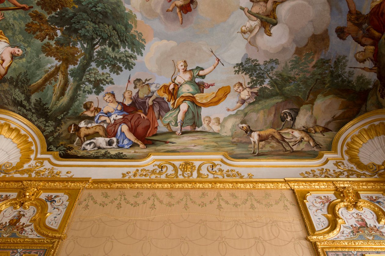 Reprezentacje mitu Diany autorstwa Domenico i Giuseppe Valeriani, fresk, sklepiony sufit sypialni, apartament króla, rezydencja myśliwska, autorstwa Filippo Juvarra (1678-1736), Stupinigi, Piemont, Włochy autorstwa Giuseppe and Valeriani Domenico Valeriani