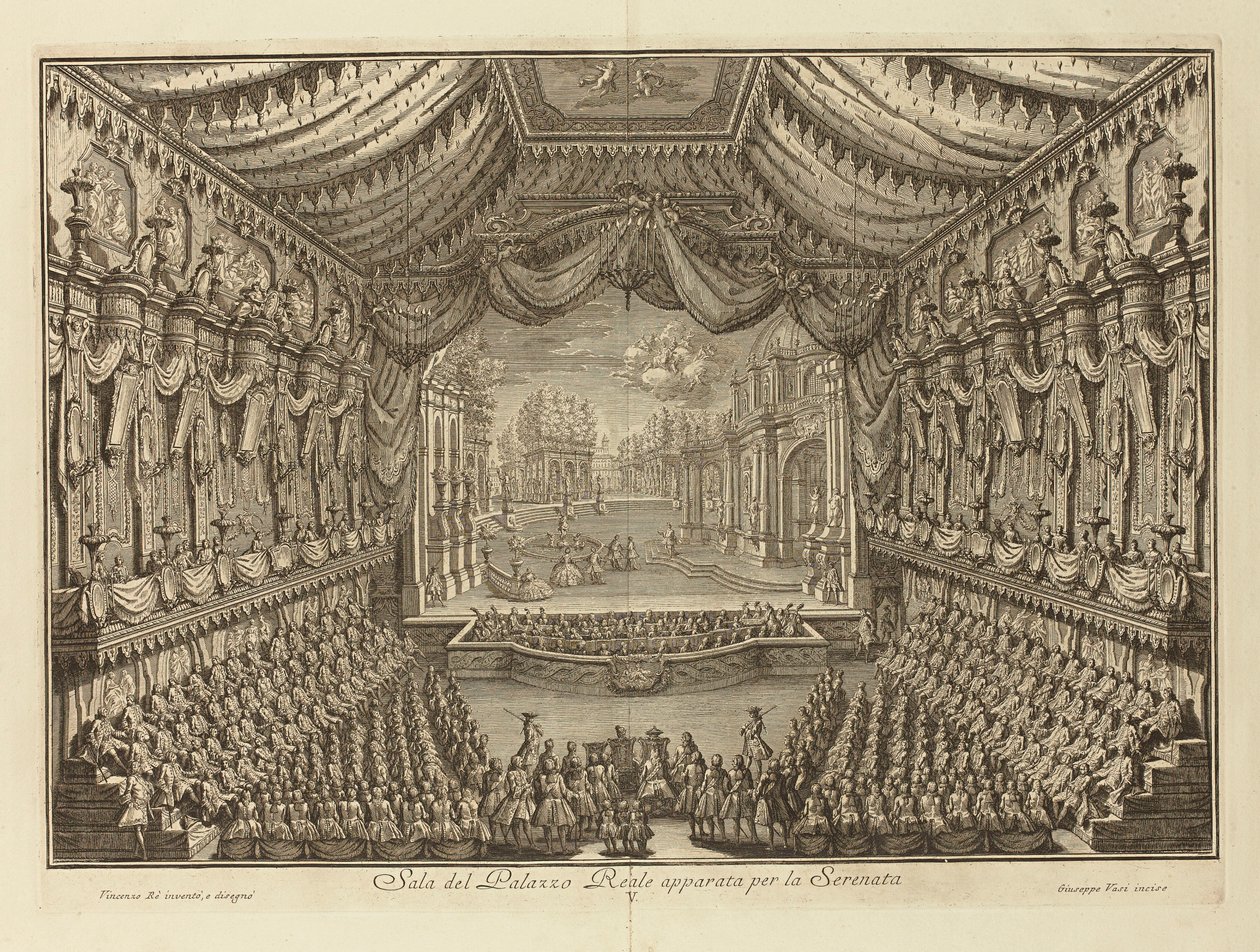 Przedstawienie La Serenata w Pałacu Królewskim w Neapolu par Vasi, Giuseppe (1710-1782). Miedzioryt, rozmiar : 41,5x62 autorstwa Giuseppe Vasi