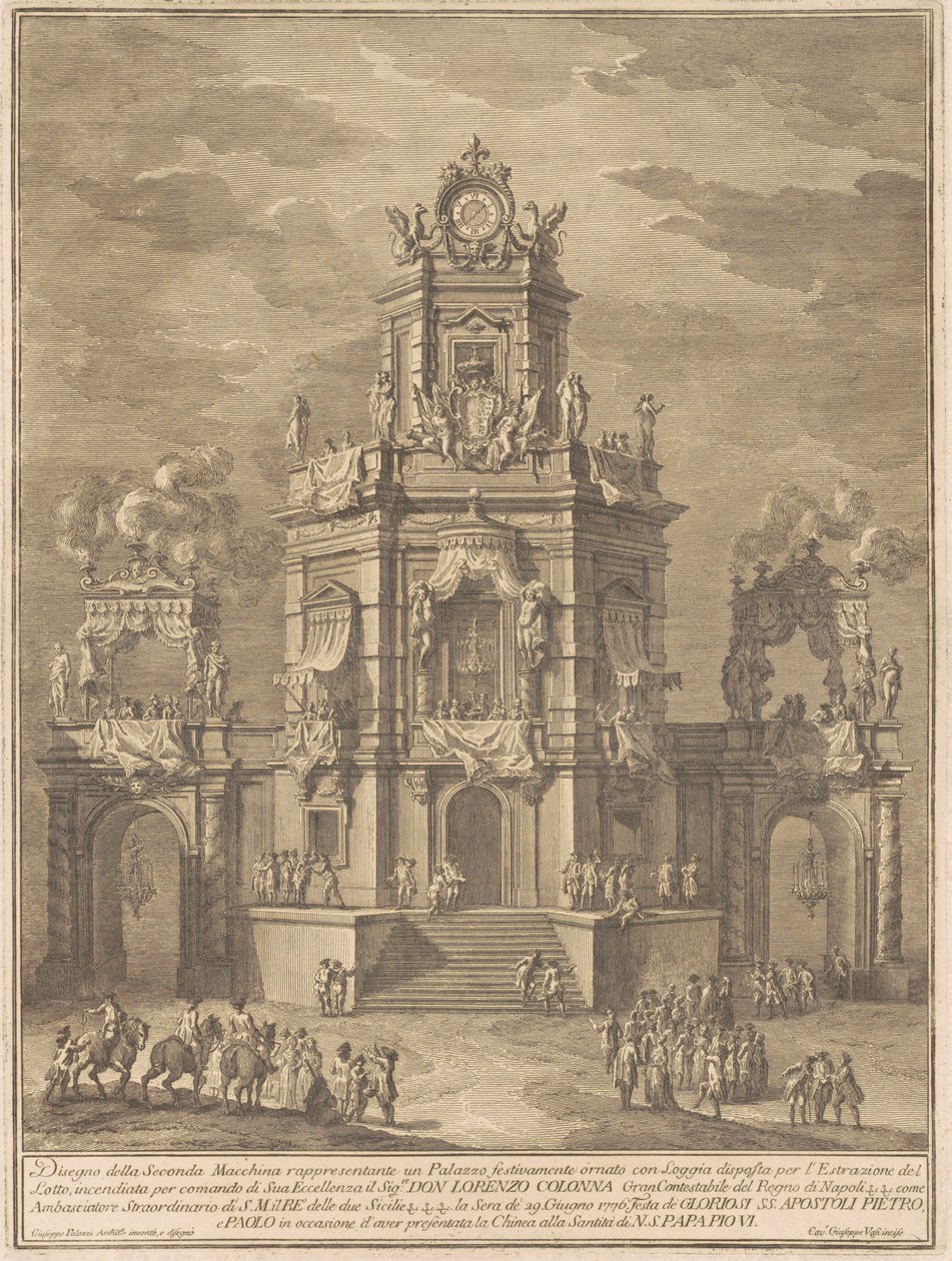 Seconda Macchina dla Chin z 1776 r.: Pałac z loggią do losowania loterii autorstwa Giuseppe Vasi, after Giuseppe Palazzi