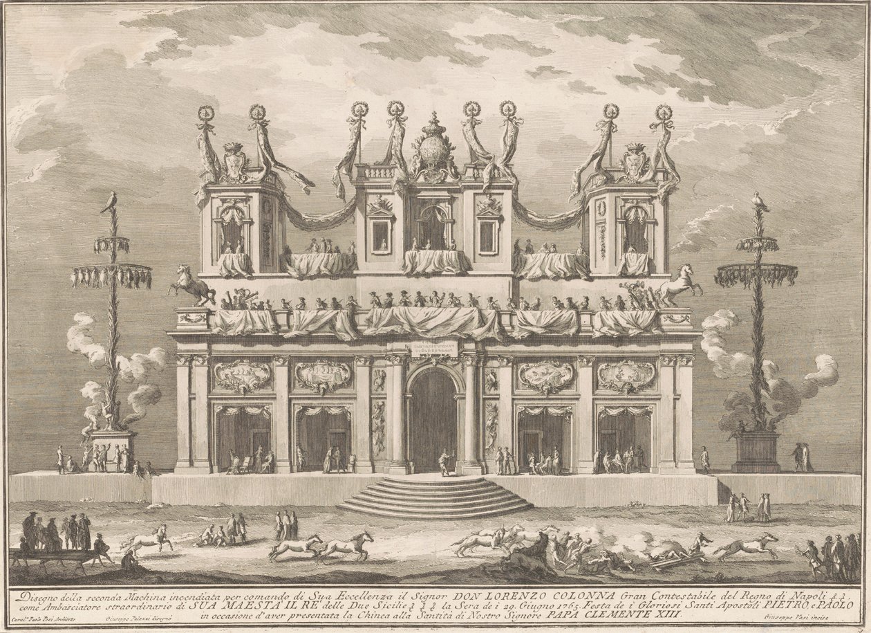 Seconda Macchina dla Chin z 1765 r.: Zdobiona budowla z tyczkami Cockaigne autorstwa Giuseppe Vasi, after Giuseppe Palazzi, after Paolo Posi
