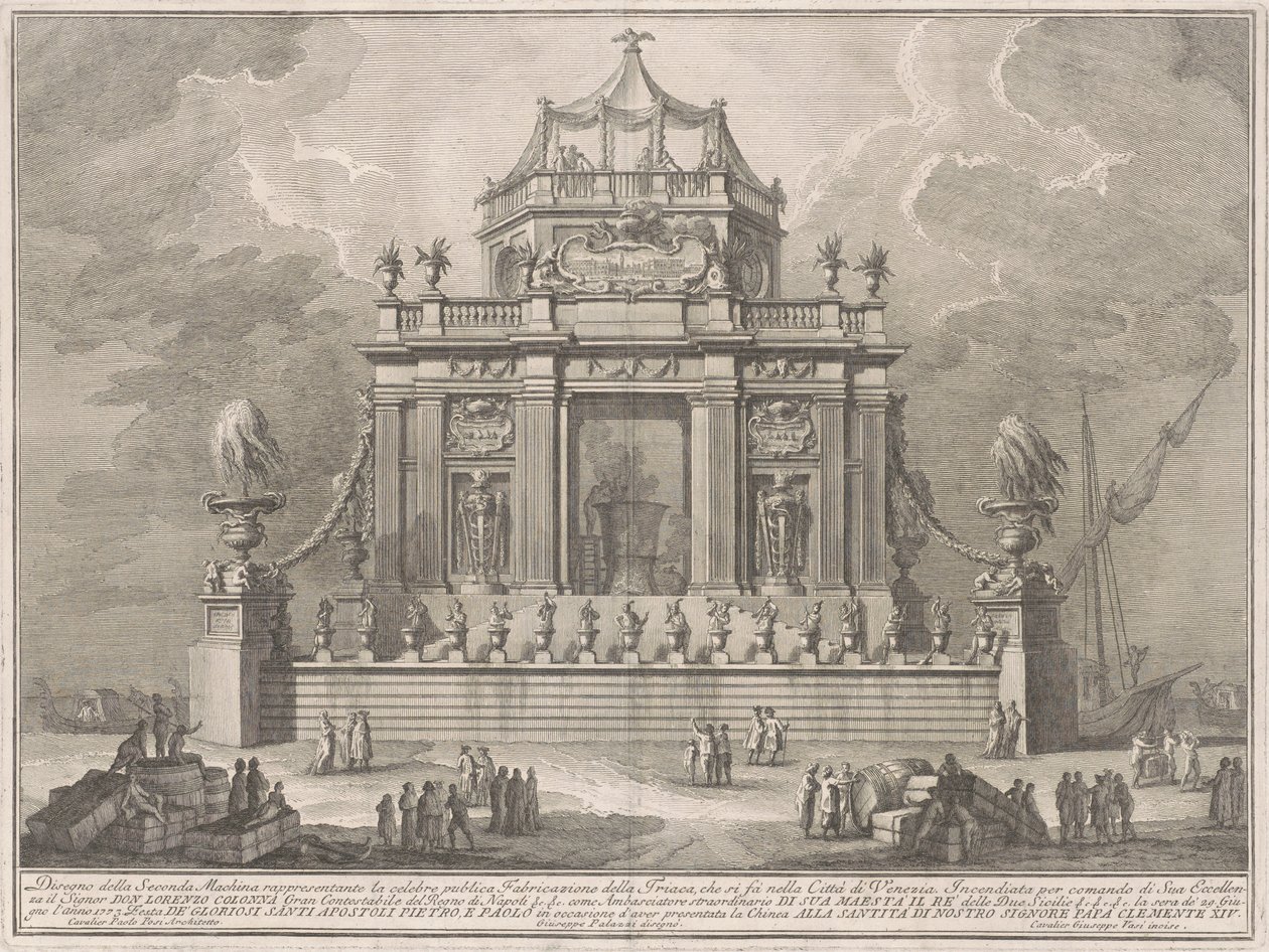 Seconda Macchina dla Chin z 1773 r.: Przygotowanie Theriaka w Wenecji autorstwa Giuseppe Vasi, after Giuseppe Palazzi, after Paolo Posi