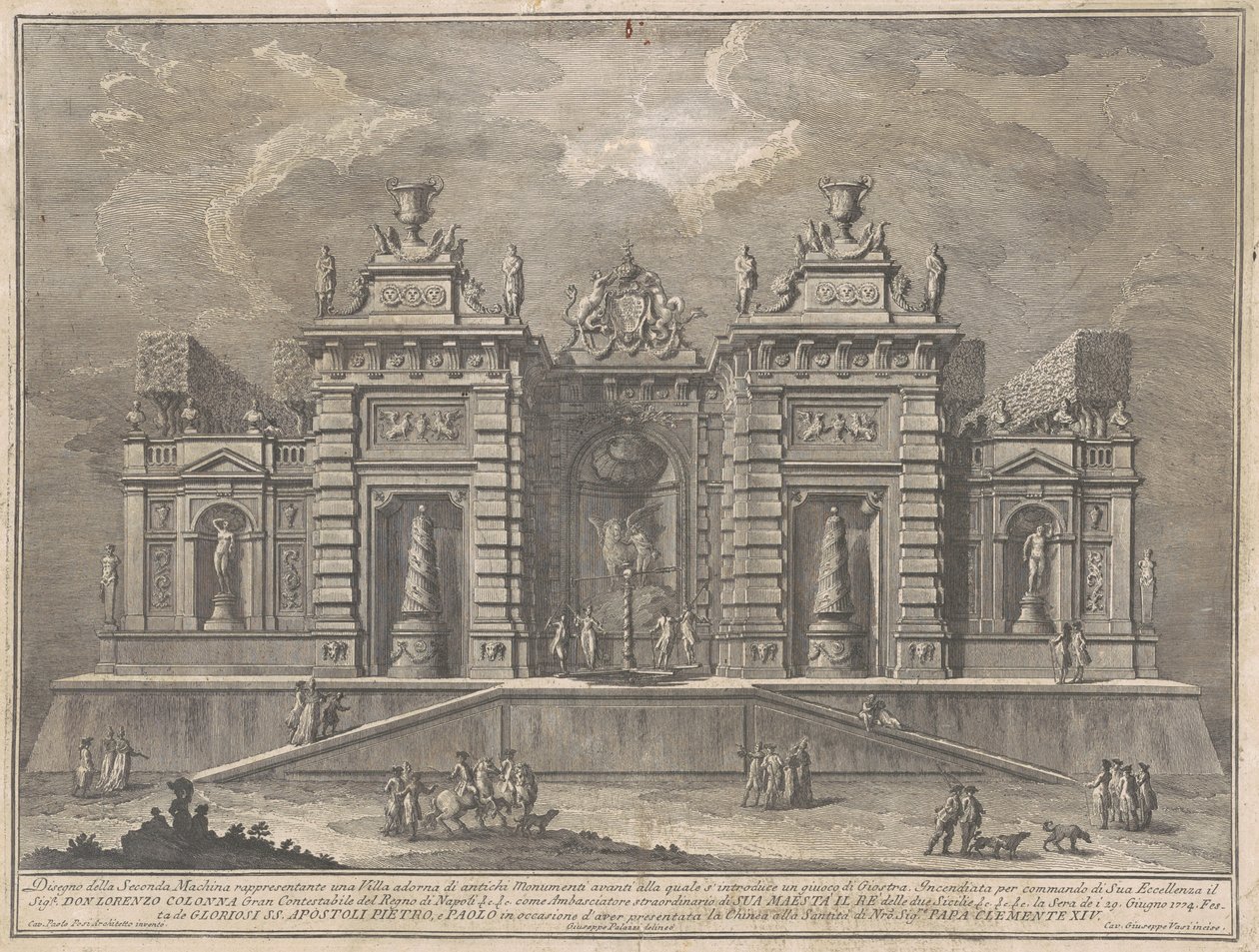 Seconda Macchina dla Chin z 1774 r.: Willa ze starożytnymi zabytkami i grą w „Giosrę” autorstwa Giuseppe Vasi, after Giuseppe Palazzi, after Paolo Posi
