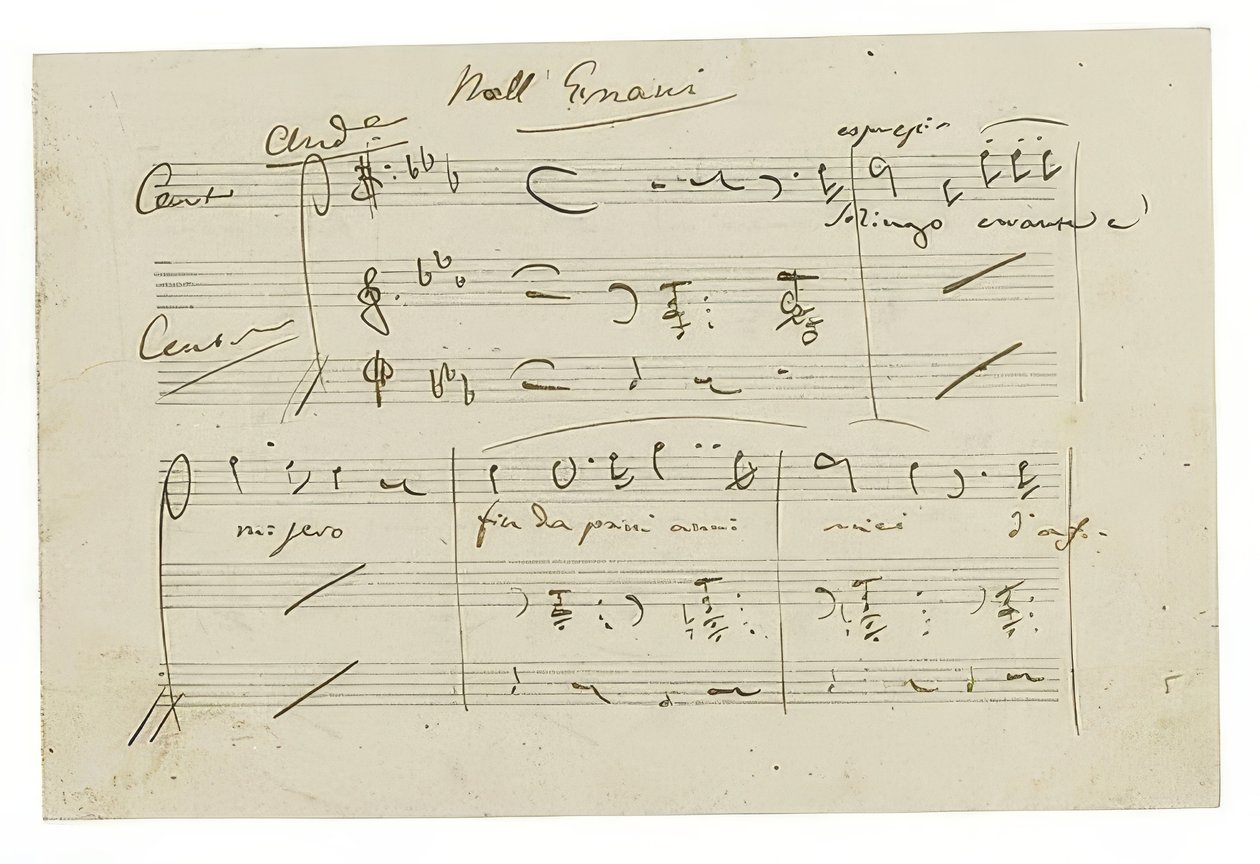 Autograf: Opera Ernani, aria finałowa Solingo, errante e misero. Wczesne lata czterdzieste XIX wieku autorstwa Giuseppe Verdi