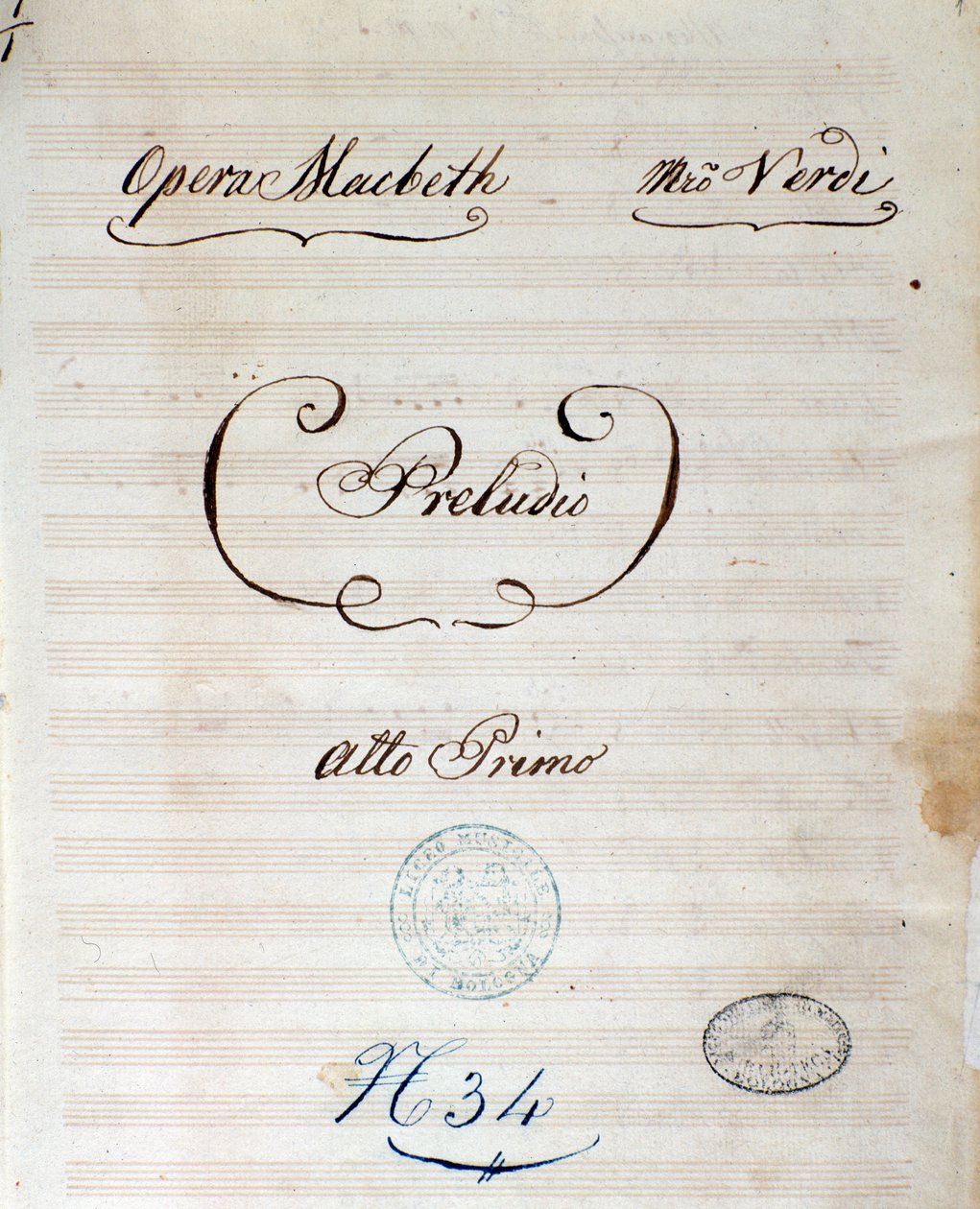 Pierwsza strona oryginalnej partytury muzycznej opery Makbet autorstwa Giuseppe Verdi autorstwa Giuseppe Verdi