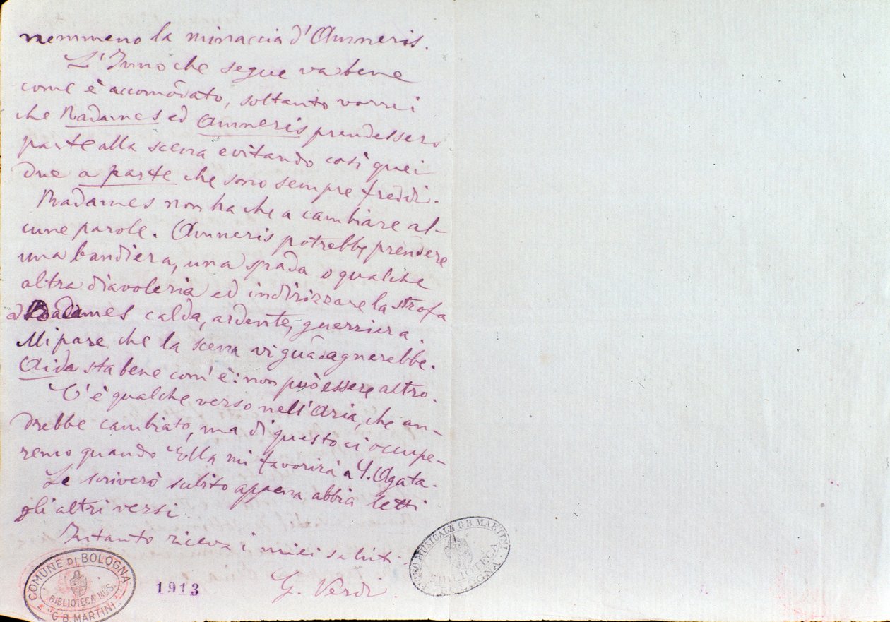 Odręczny list Giuseppe Verdiego do autora librett Aidy Antonio Ghislanzoni autorstwa Giuseppe Verdi
