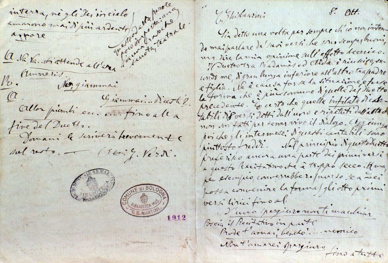 Odręczny list Giuseppe Verdiego do autora librett Aidy Antonio Ghislanzoni autorstwa Giuseppe Verdi