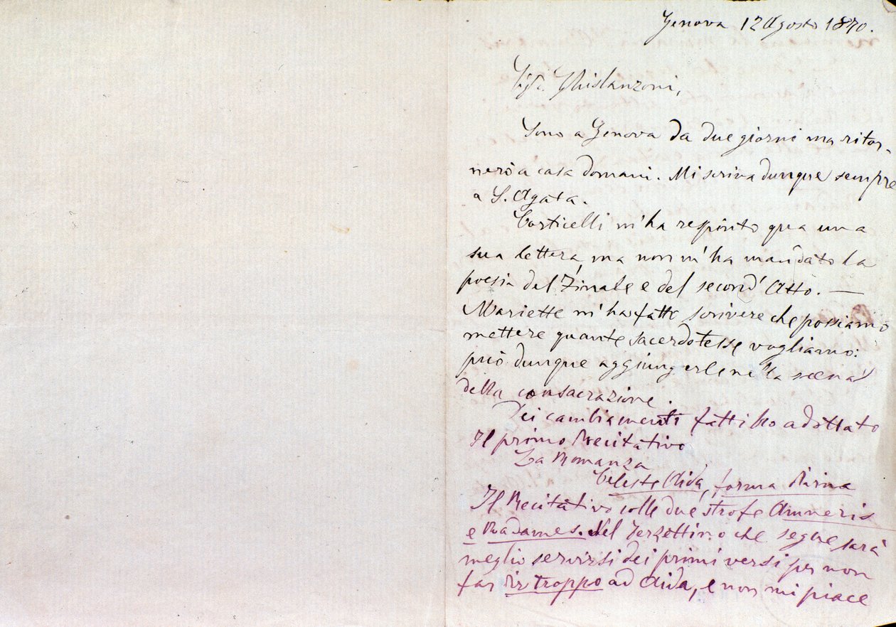 Odręczny list Giuseppe Verdiego do autora librett Aidy Antonio Ghislanzoni autorstwa Giuseppe Verdi