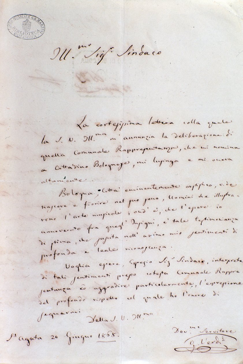 Odręczny list Giuseppe Verdiego do burmistrza Bolonii, gdy został honorowym obywatelem, 20 czerwca autorstwa Giuseppe Verdi