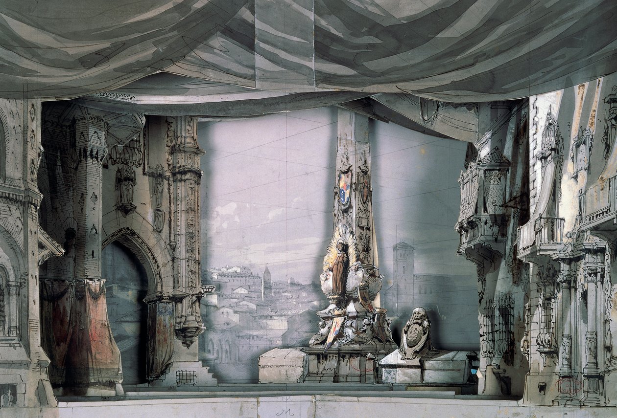 Plac przed katedrą w Valladolid, akt III, scena IV, scenografia Charlesa Campona dla Don Carlosa Giuseppe Verdiego (1813-1901), spektakl w Paryżu, opera Salle Le Peletier, 11 marca autorstwa Giuseppe Verdi
