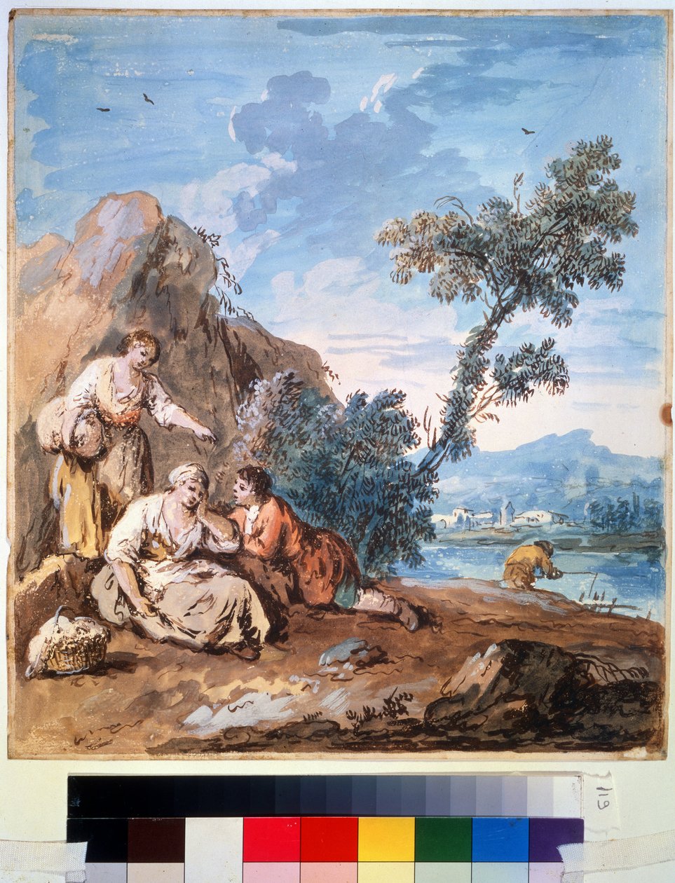 Trzech chłopów odpoczywających na brzegu rzeki. Obraz Giuseppe Zaisa (1709-1784). Akwarela na papierze, 29,5 x 26,2 cm, ok. 1750. Szkoła wenecka, malarstwo włoskie XVIII w. Muzeum Sztuk Pięknych Puszkina, autorstwa Giuseppe Zais
