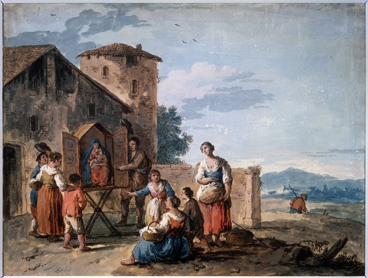 Grupa chłopów przed tabernakulum ze stojącą figurą Madonny. Rysunek Giuseppe Zais (1709-1784). Tempera i sepia na papierze, 30,2 x 38 cm, ok. 1750. Szkoła Wenecka autorstwa Giuseppe Zais