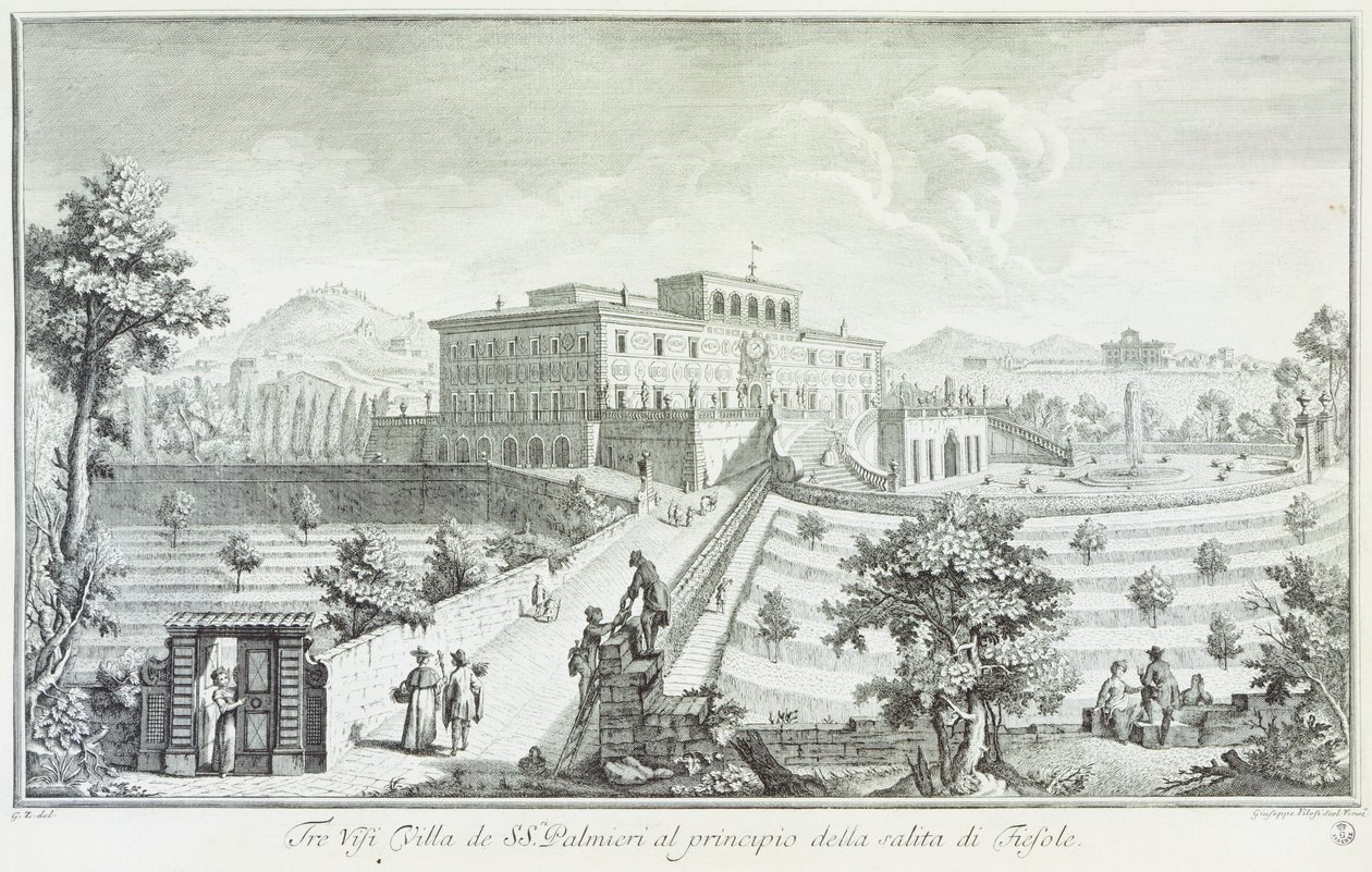 Villa Palmieri w Fiesole, autorstwa Giuseppe Zocchi (1711-1767), Widok na wille i okolice w Toskanii, Włochy autorstwa Giuseppe Zocchi