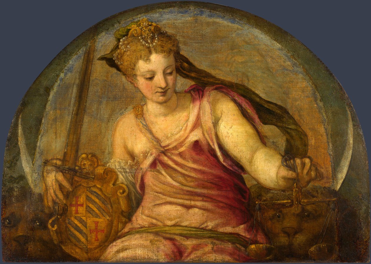 ""Sprawiedliwość"" Alegoria Peinture de Giuseppe Salviati (1520-1575) - ok. 1559 - Olej na płótnie Dim 90,2x125,1 cm Londres National Gallery autorstwa Giuseppe della Porta Salviati