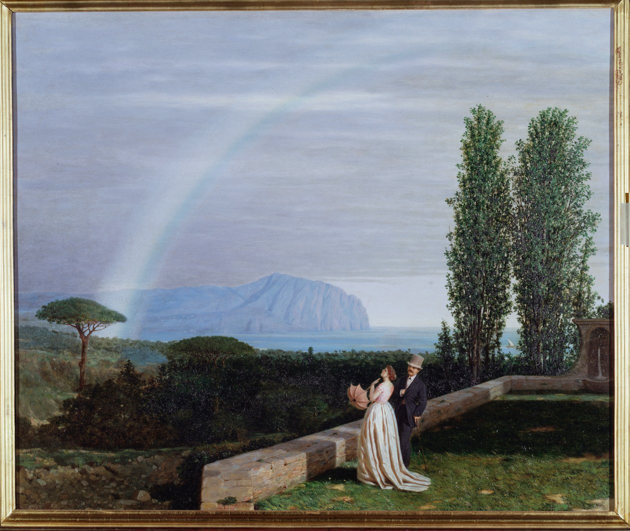 Krajobraz w pobliżu Genui, para patrząca na tęczę Obraz Giuseppe delle Piane (1832-1902) 1902 Dim 73x88 cm Genes, Galleria Arte Moderna, inv 0260 autorstwa Giuseppe delle Piane