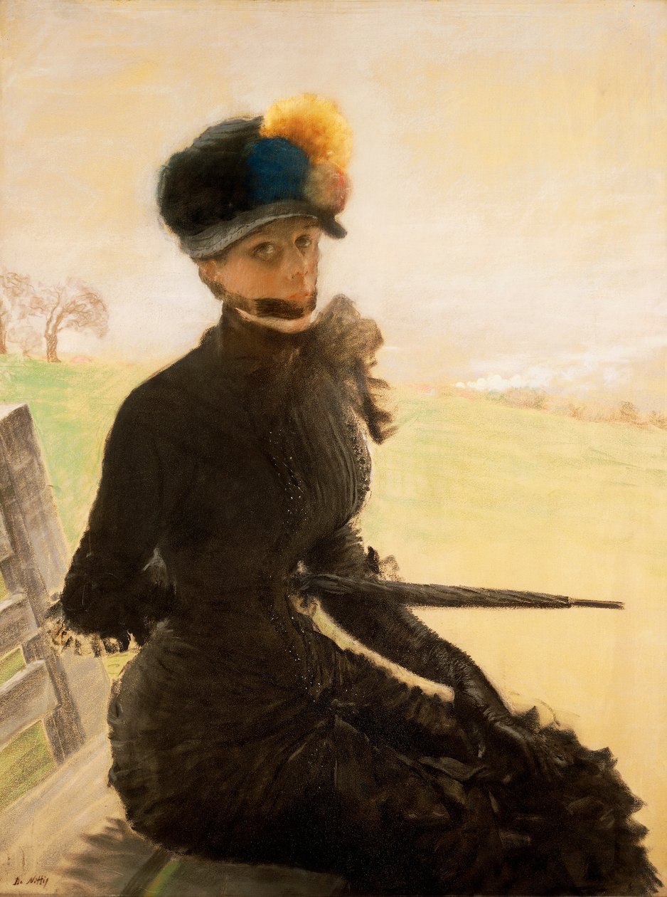 La femme aux pompoms (Kobiety z pomponem), ok.1879 (pastel na płótnie) autorstwa Giuseppe or Joseph de Nittis