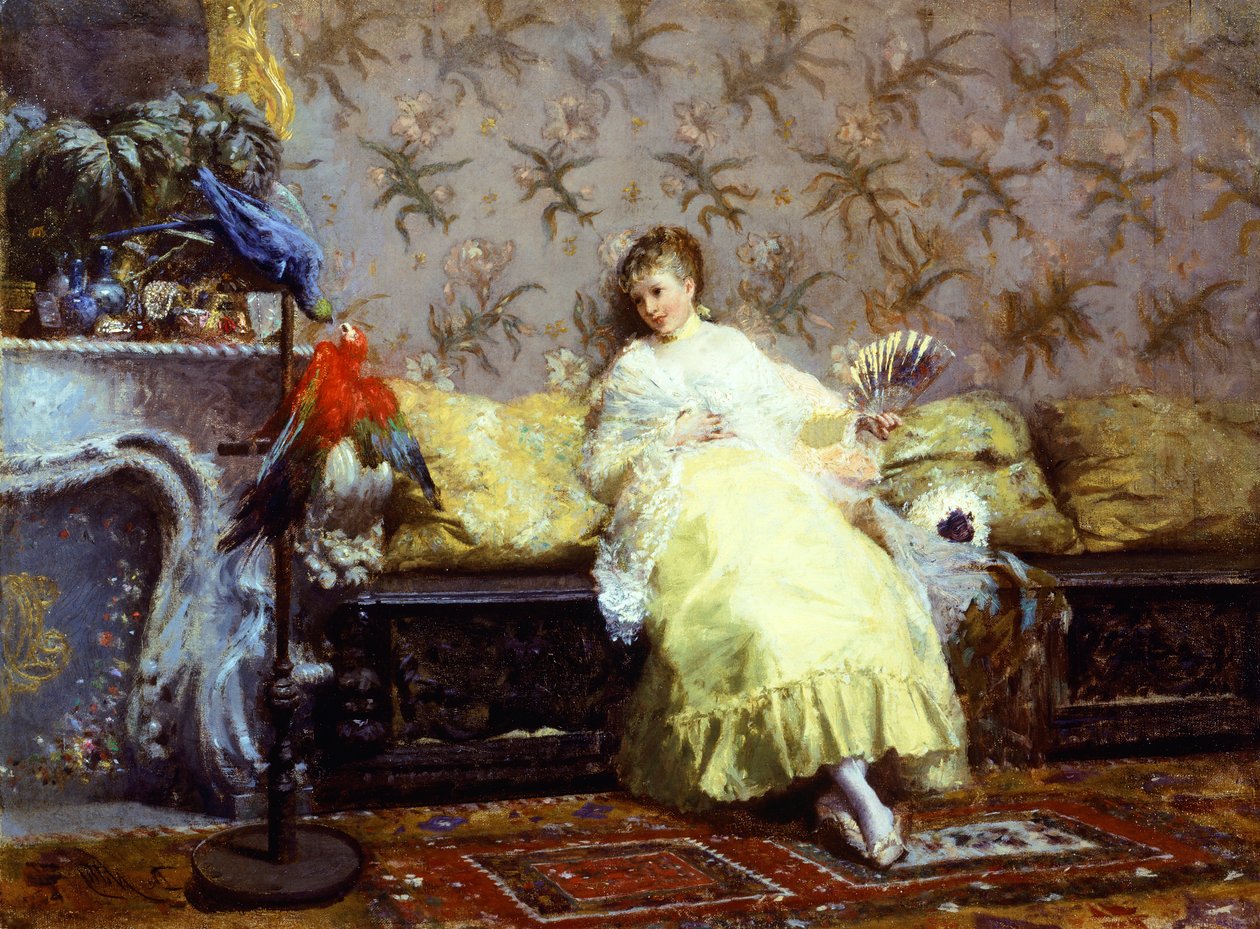 Dama z papugami, ok. 1869, Giuseppe de Nittis (1846-1884), olej na płótnie, 24,2x23 cm. autorstwa Giuseppe or Joseph de Nittis