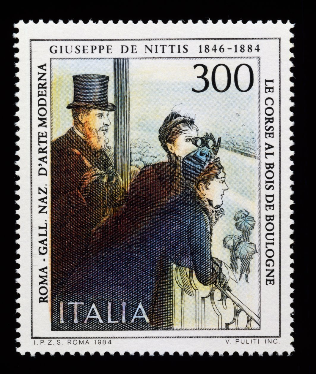 Znaczek pocztowy z włoskiej serii artystycznej ku czci Giuseppe de Nittis (1846-1884), znaczek 300 lirów autorstwa Giuseppe or Joseph de Nittis