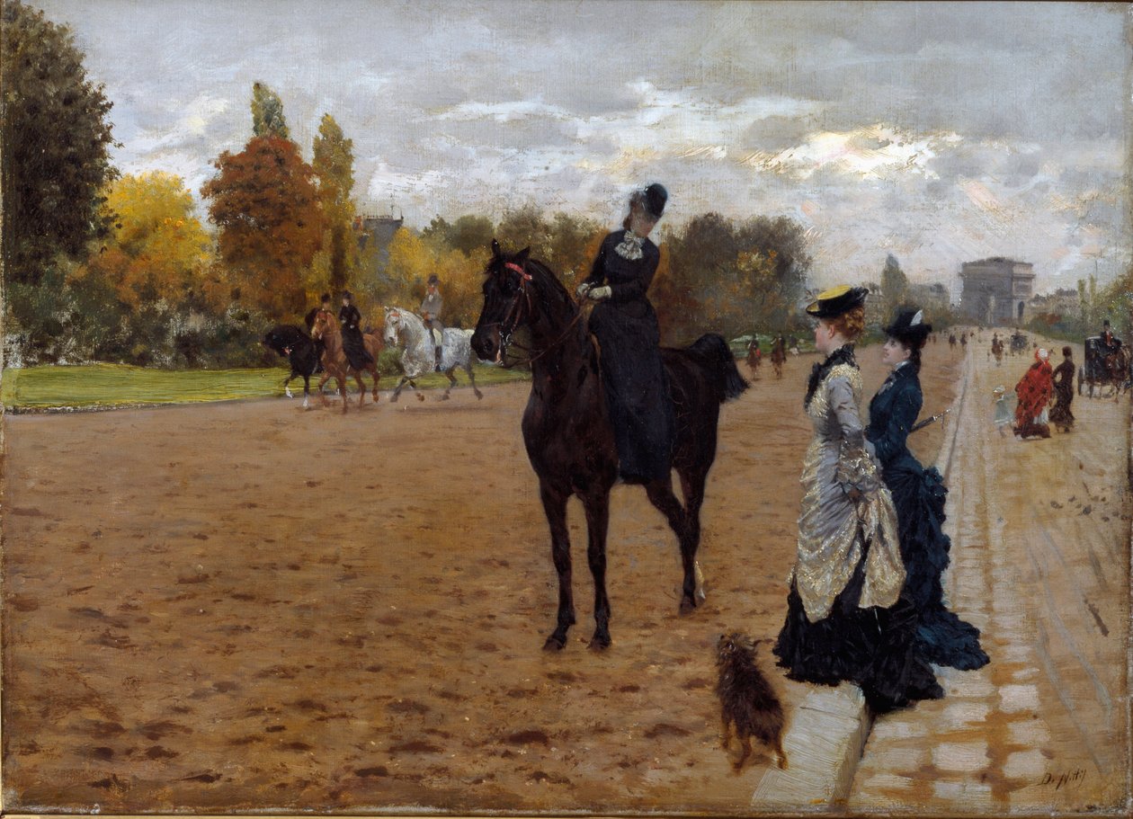 Amazonka Cavaliere rozmawiająca z spacerowiczami Avenue Foch w Paryżu. Obraz Giuseppe De Nittis (1846-1884), ok. 1875 r. Olej na płótnie. Wymiary: 42x31cm. Geny, Galleria d