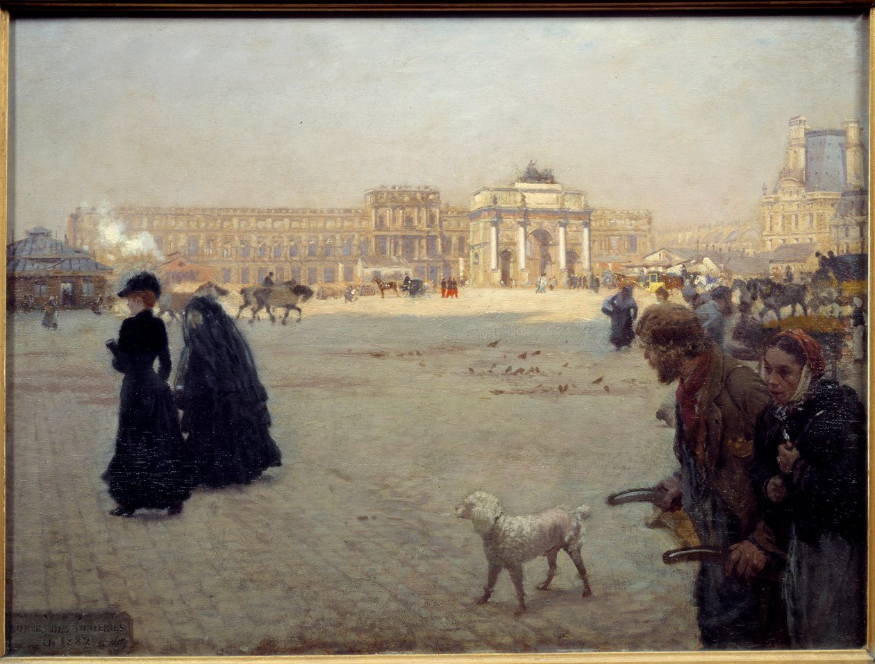 Ruiny Place du Carrousel w Tuileries w 1882 roku. Tablica przedstawiająca widok na Paryż. Obraz Guiseppe Nittisa (1846 - 1884) autorstwa Giuseppe or Joseph de Nittis