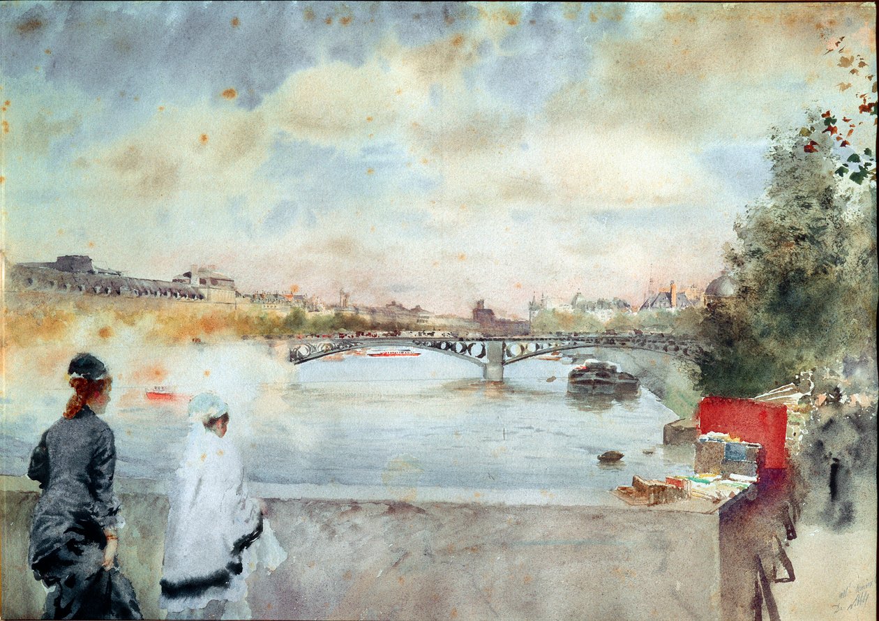 Brzegi Sekwany Dwie kobiety siedzące na moście w Paryżu spoglądają w stronę rzeki, po prawej stronie księgarze z doków. Akwarela Giuseppe De Nittis (1846-1884) 1875 Galleria d