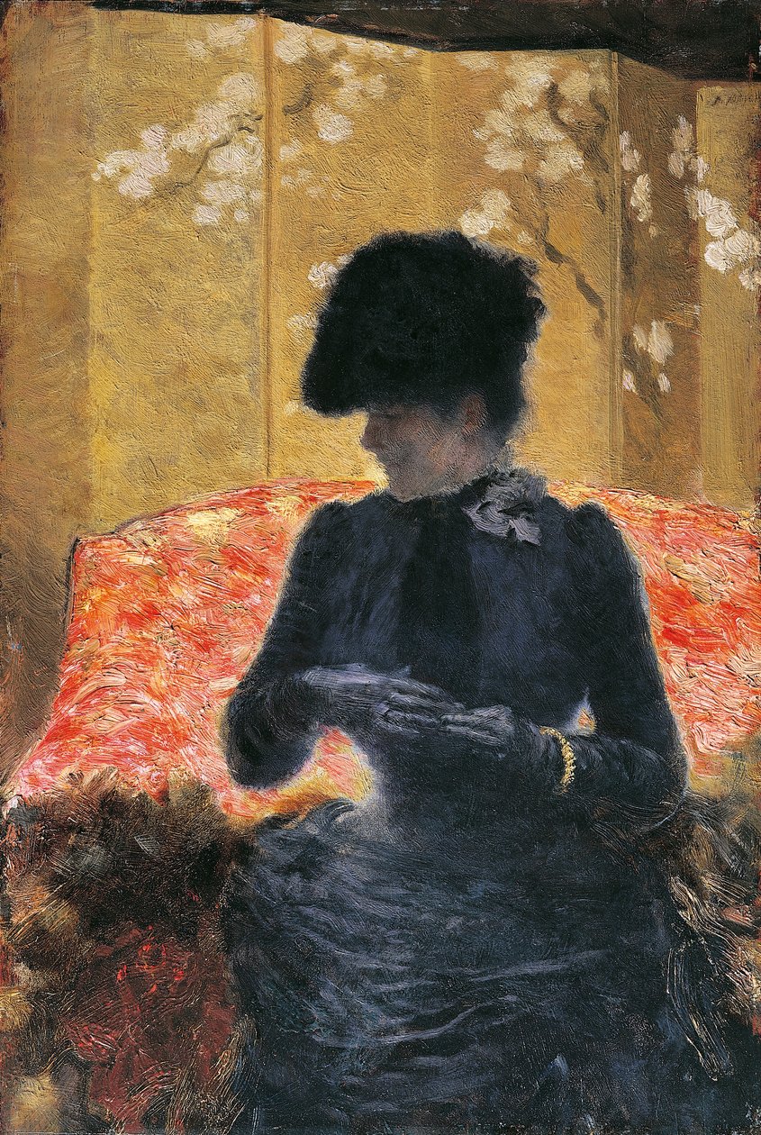 Kobieta na czerwonej kanapie autorstwa Giuseppe or Joseph de Nittis
