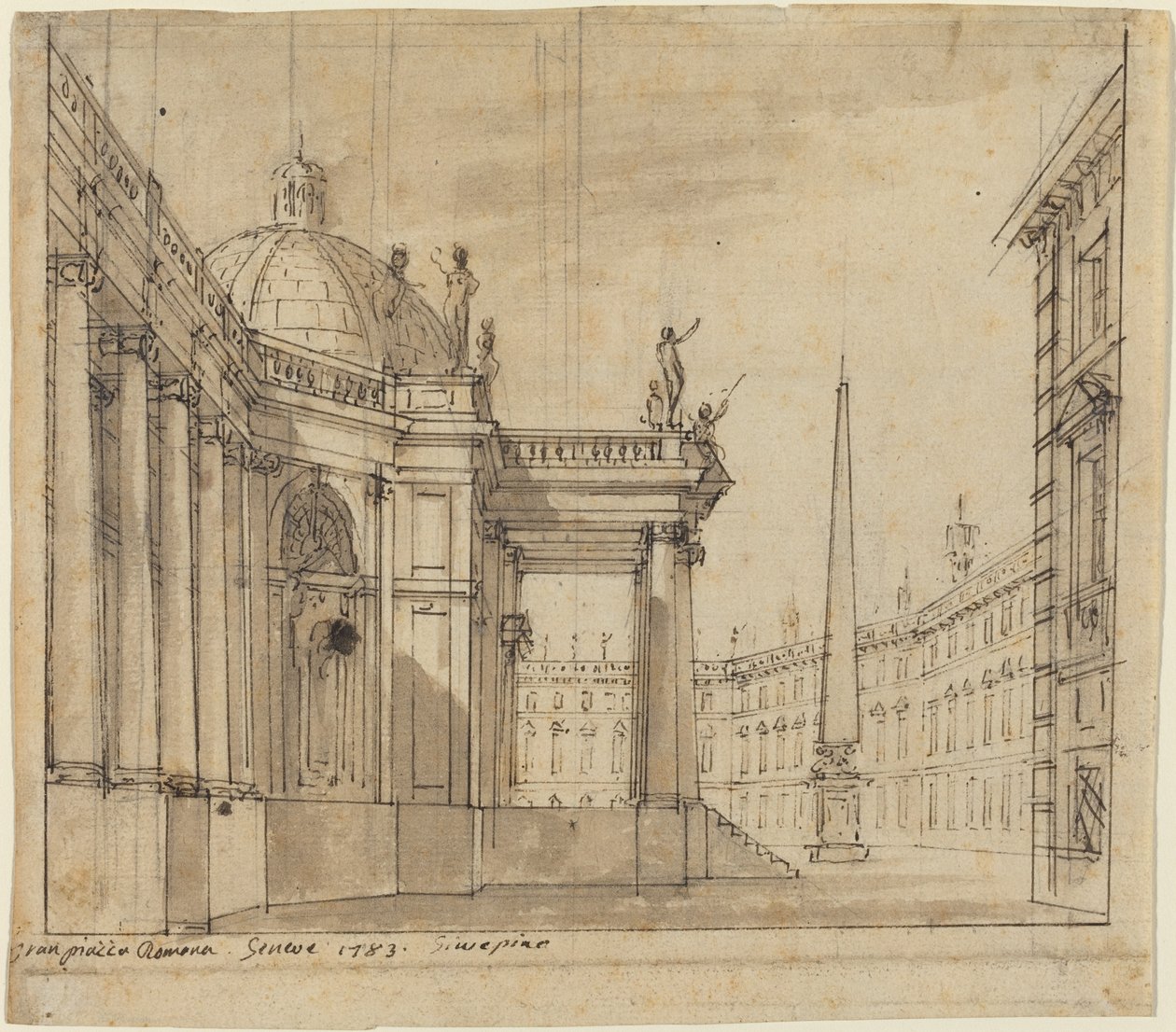 Scenografia: Piazza z kościołem z kopułą i obeliskiem autorstwa Giuseppino Galliari