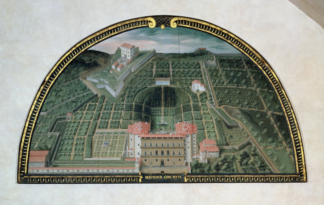 Fort Belvedere i Pałac Pitti z serii lunet przedstawiających widoki willi Medyceuszy, 1599 (tempera na panelu) autorstwa Giusto Utens