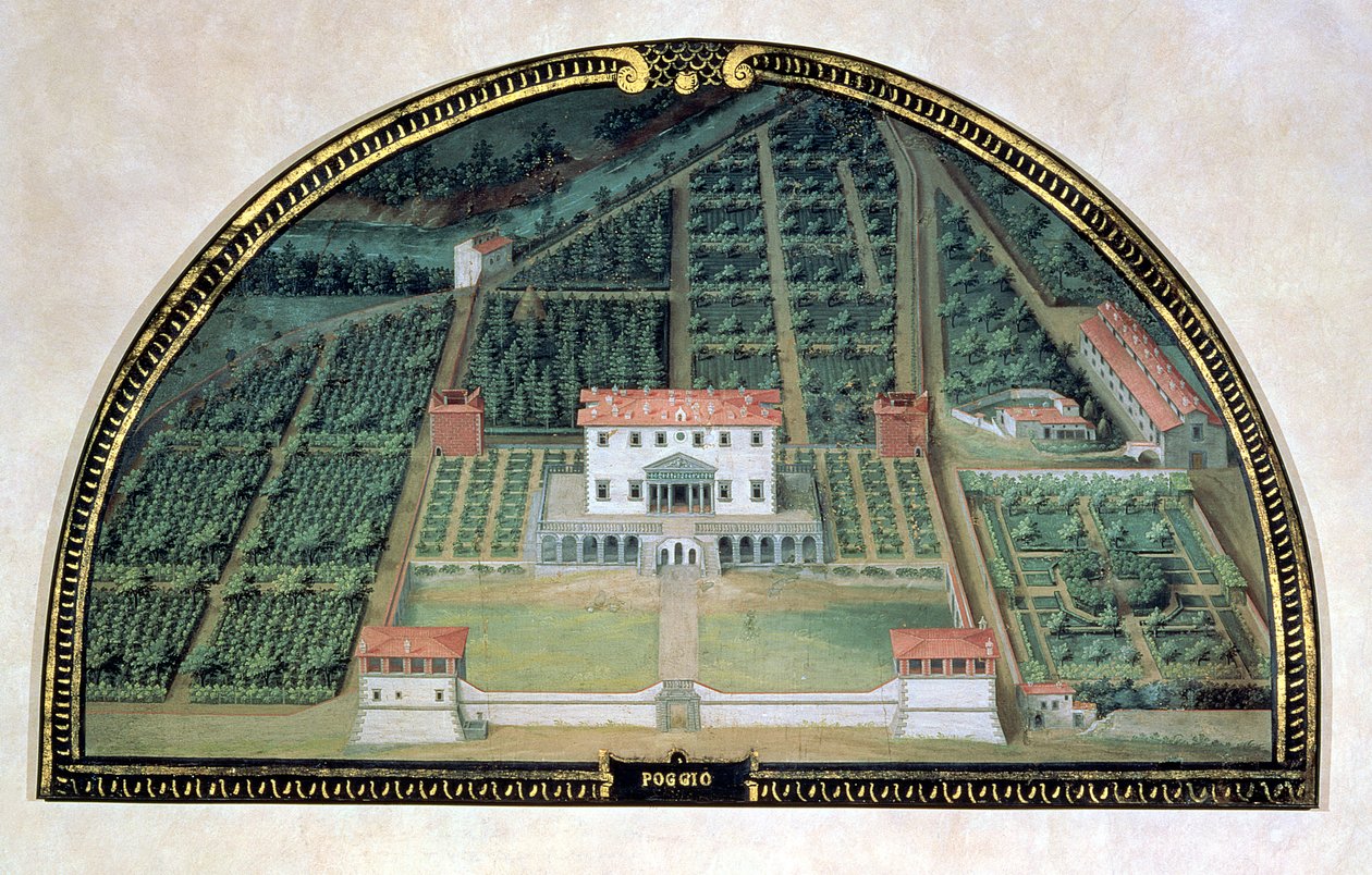 Villa Poggio a Caiano z serii lunet przedstawiających widoki willi Medyceuszy, 1599 (tempera na płycie) autorstwa Giusto Utens