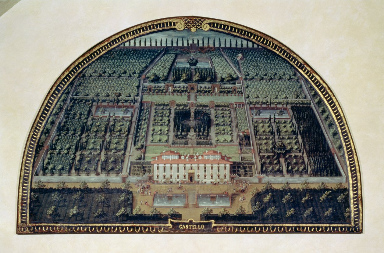 Villa di Castello z serii lunet przedstawiających widoki willi Medyceuszy, 1599 (tempera na desce) autorstwa Giusto Utens