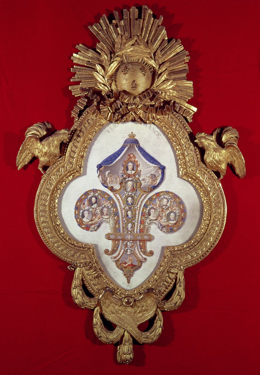 Fleur de France, drzewo genealogiczne z trzynastoma portretami Ludwika XV (1710-1774) i jego potomków w ramie w kształcie lilii, 1765 (złoto i emalia) autorstwa Glokeur de Surchamps