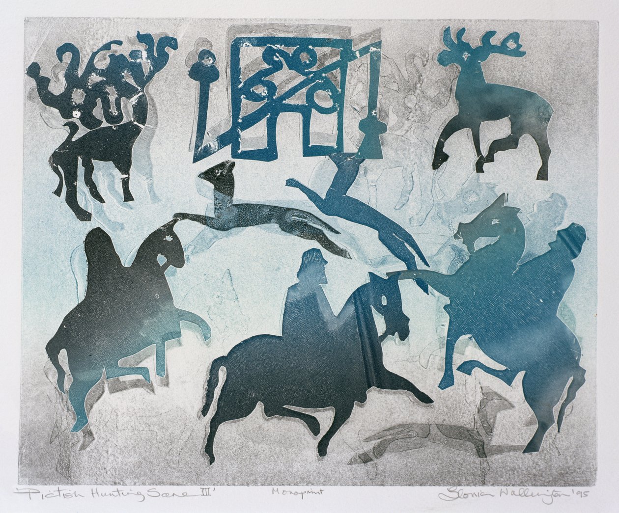 Scena polowania piktyjskiego III, 1995 (monotypia) autorstwa Gloria Wallington