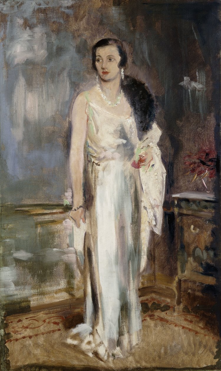 Portret Loelii, księżnej Westminsteru, później Lady Lindsay, mały, pełnometrażowy, w sukni wieczorowej autorstwa Glyn Warren Philpot
