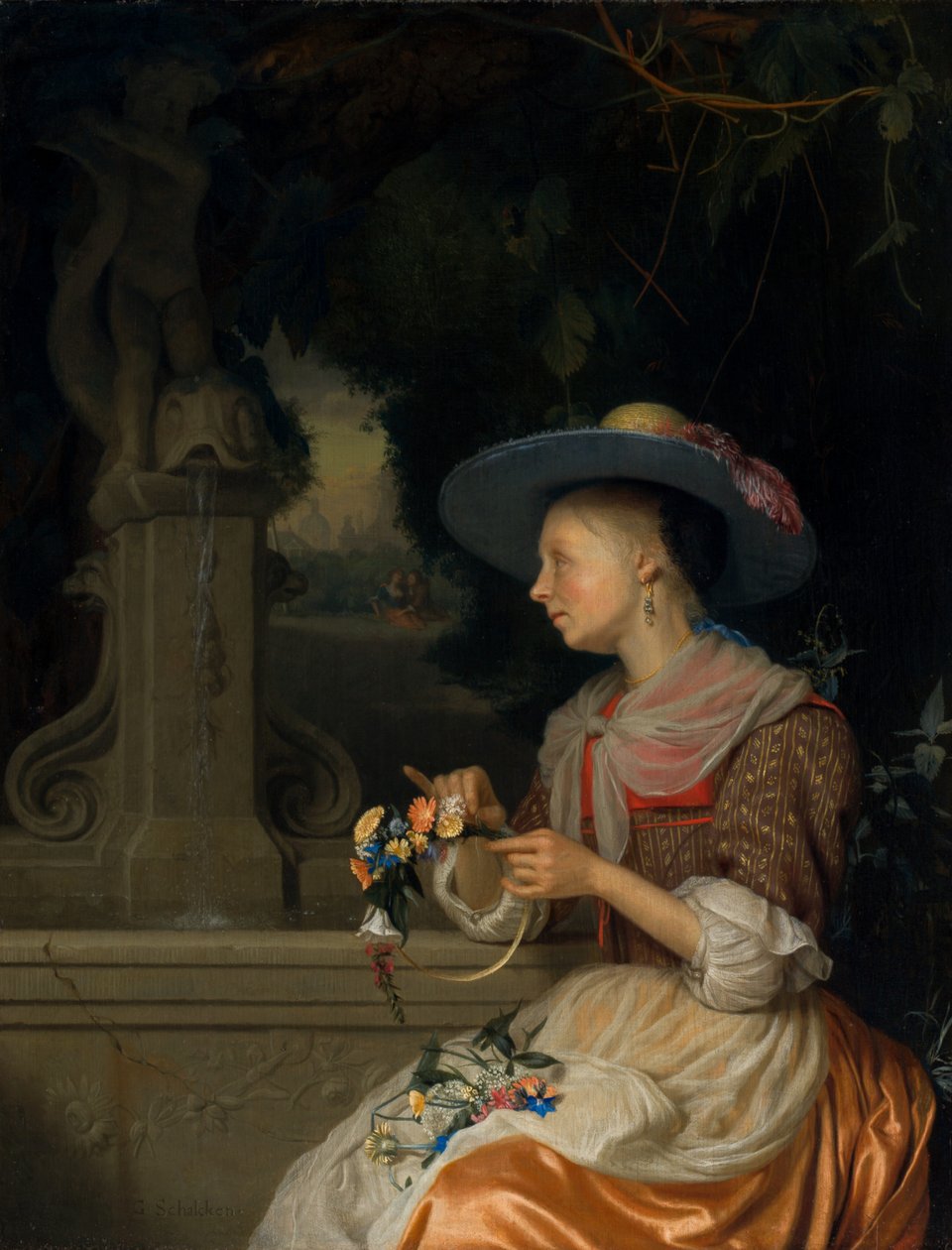 Kobieta tkająca koronę z kwiatów autorstwa Godefridus Schalcken
