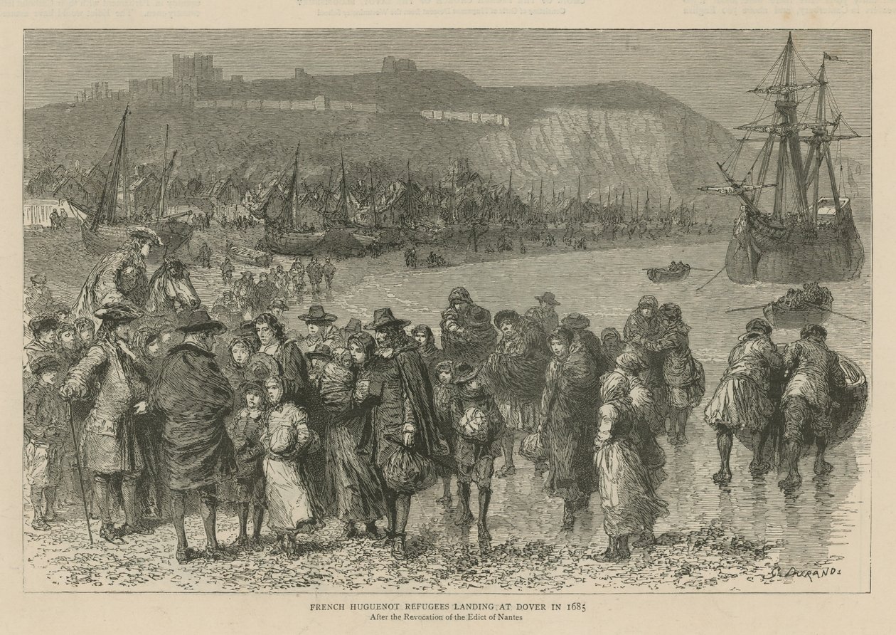 Hugenoci w Anglii: Francuscy uchodźcy hugenoccy lądujący w Dover w 1685 r. (rycina) autorstwa Godefroy Durand