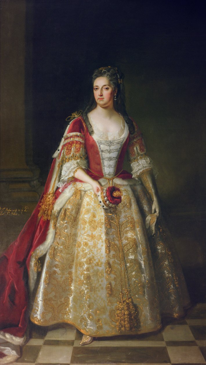 Portret Angeliny Magdaleny (ok.1666-1736), drugiej żony I wicehrabiego św. Jana w szatach koronacyjnych, 1727 autorstwa Godfrey Kneller