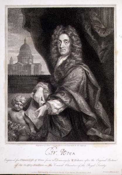 Portret Christophera Wrena wygrawerowany do „Życia strzyżyka” Elme autorstwa Godfrey (after) Kneller