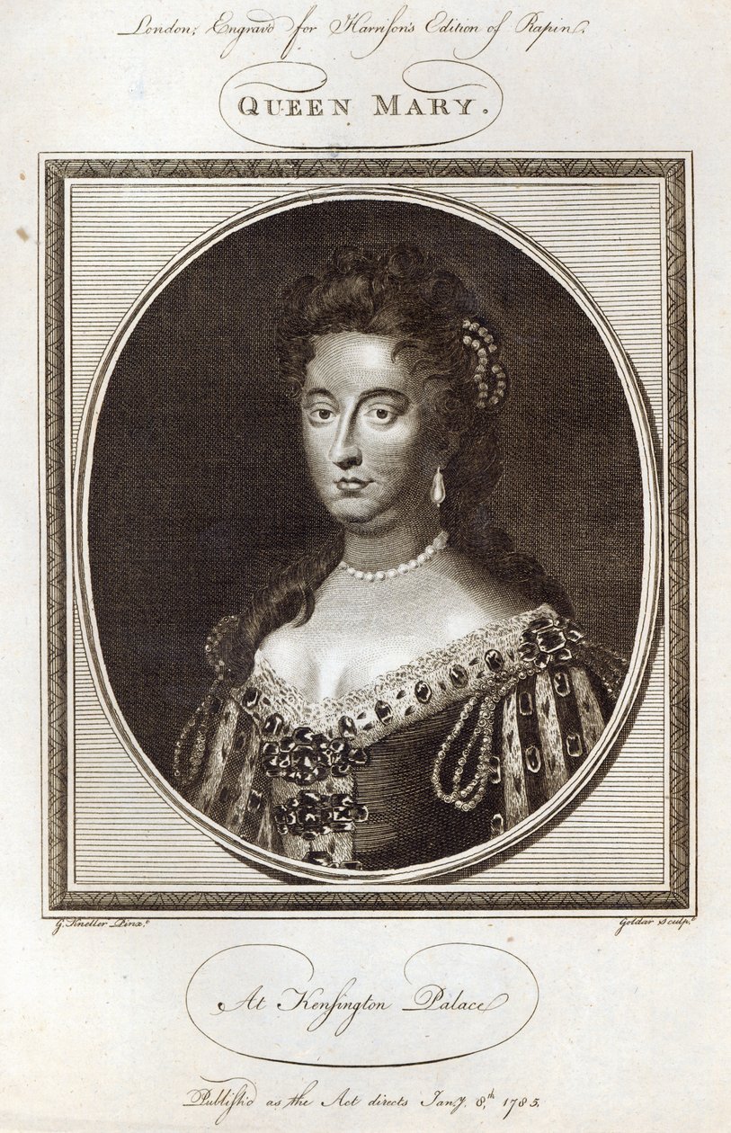 Karalienė Marija Kensingtono rūmuose, išgraviruota Harisono Rapino leidimui, išleista 1785 m. sausio 8 d. autorstwa Godfrey Kneller