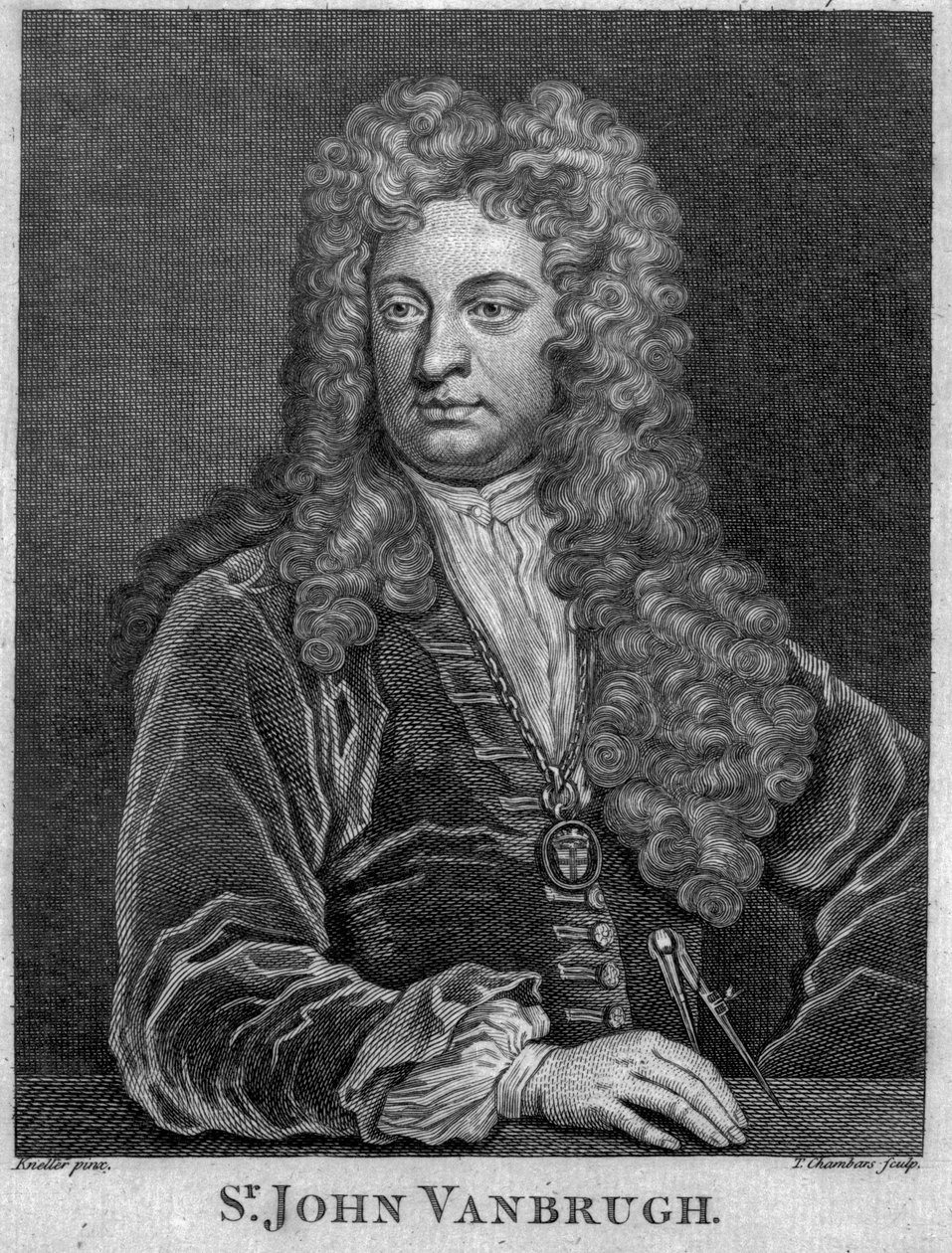 Sir John Vanbrugh, grawerowane przez Thomasa Chambarsa (grafika) autorstwa Godfrey Kneller
